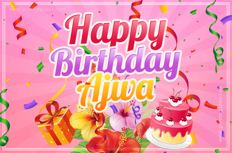 Beautiful Birthday Card for Ajwa with Cake and bouquet of flowers