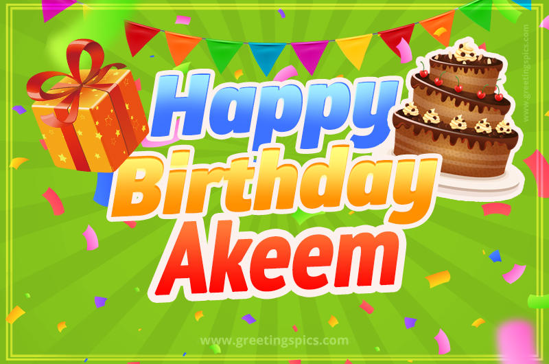 Happy Birthday Akeem picture with flags, chocolate cake and gift box