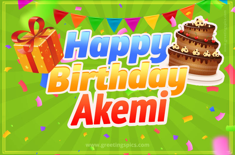 Happy Birthday Akemi picture with flags, chocolate cake and gift box