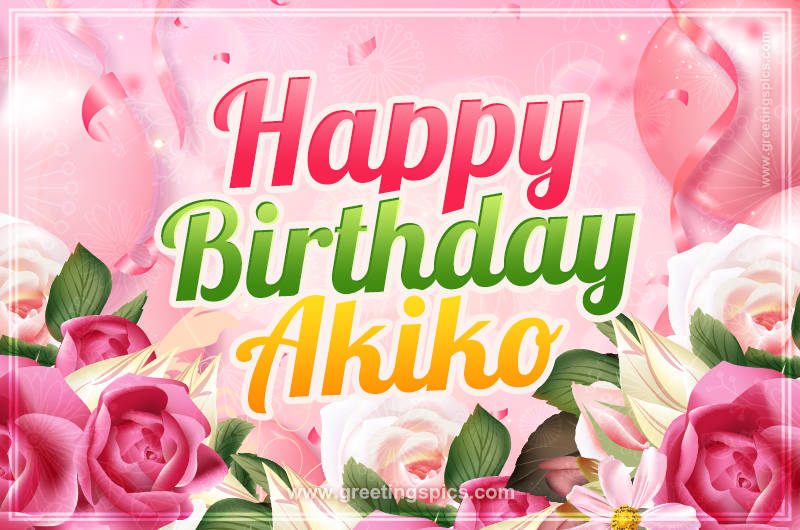 Image with gentle pink background and flowers Happy Birthday Akiko