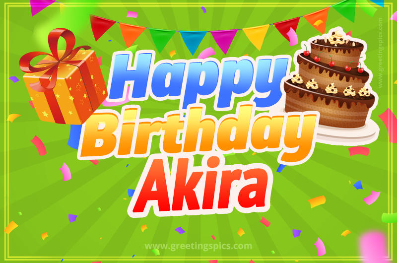 Happy Birthday Akira picture with flags, chocolate cake and gift box