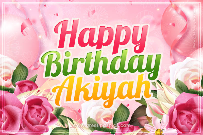 Image with gentle pink background and flowers Happy Birthday Akiyah