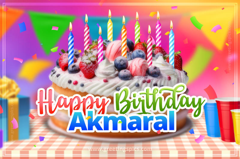 Happy Birthday Akmaral Colorful Image with fruit cake and candles