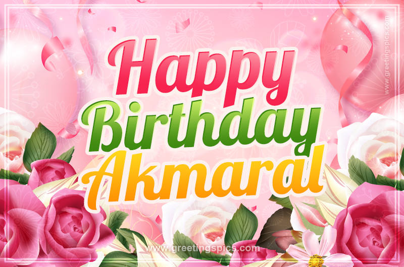 Image with gentle pink background and flowers Happy Birthday Akmaral