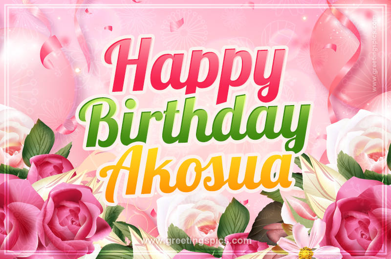 Image with gentle pink background and flowers Happy Birthday Akosua