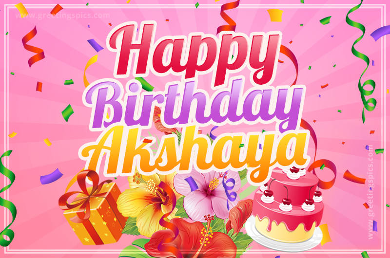 Beautiful Birthday Card for Akshaya with Cake and bouquet of flowers