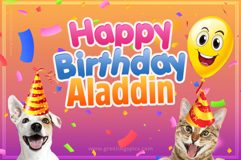 Happy Birthday Aladdin Funny Image with cat and dog