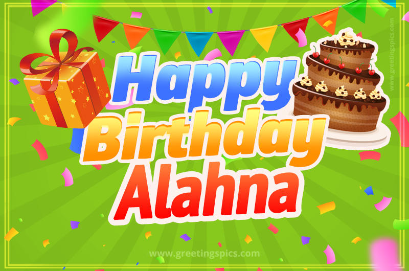 Happy Birthday Alahna picture with flags, chocolate cake and gift box