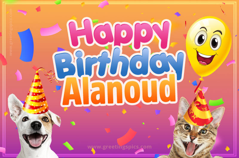 Happy Birthday Alanoud Funny Image with cat and dog