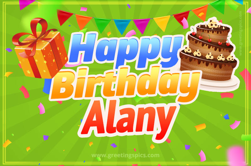 Happy Birthday Alany picture with flags, chocolate cake and gift box