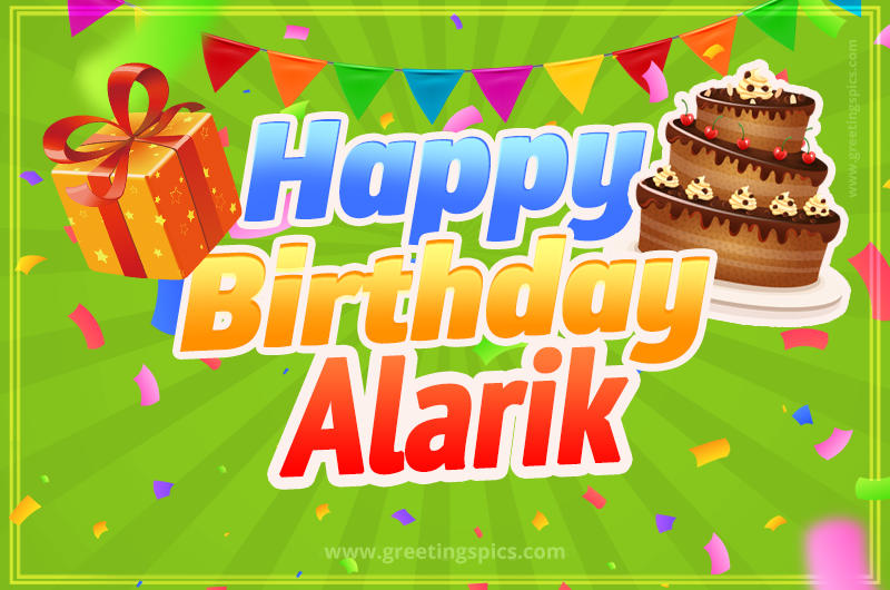 Happy Birthday Alarik picture with flags, chocolate cake and gift box