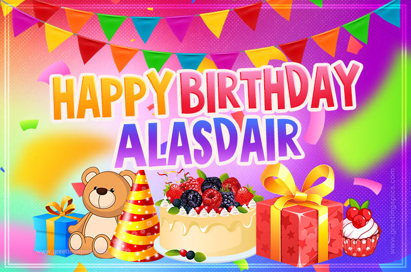 Bright card with Wishes for a Happy Birthday for Alasdair