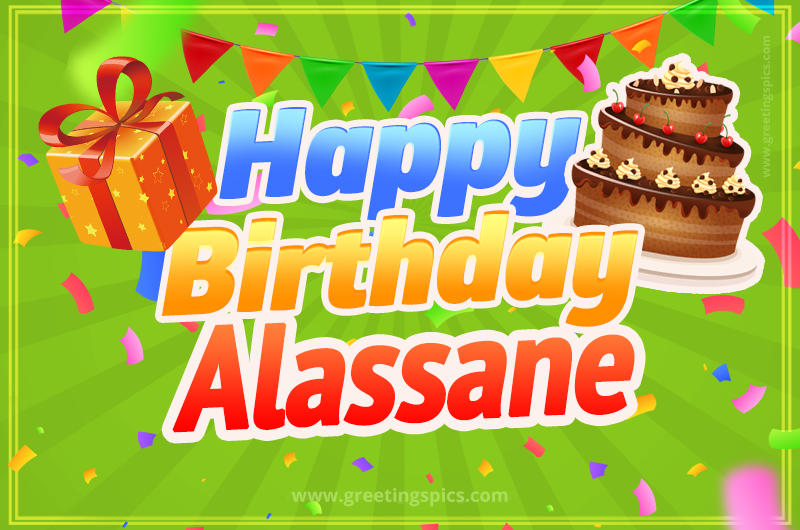 Happy Birthday Alassane picture with flags, chocolate cake and gift box