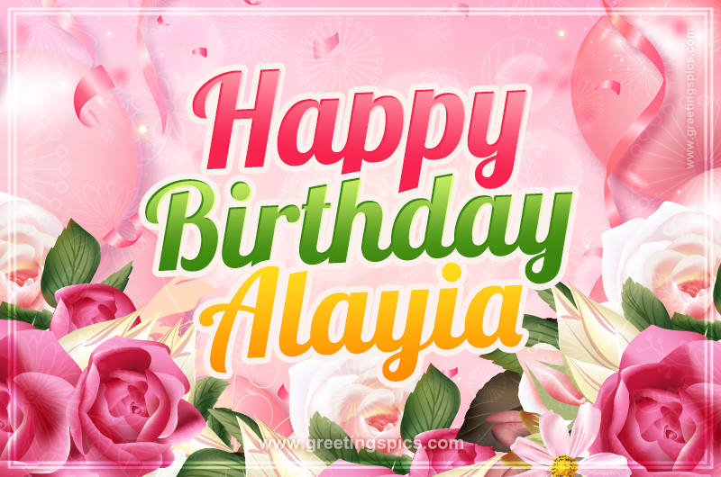 Image with gentle pink background and flowers Happy Birthday Alayia