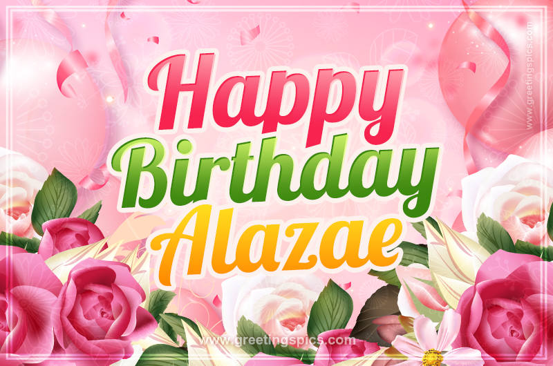 Image with gentle pink background and flowers Happy Birthday Alazae