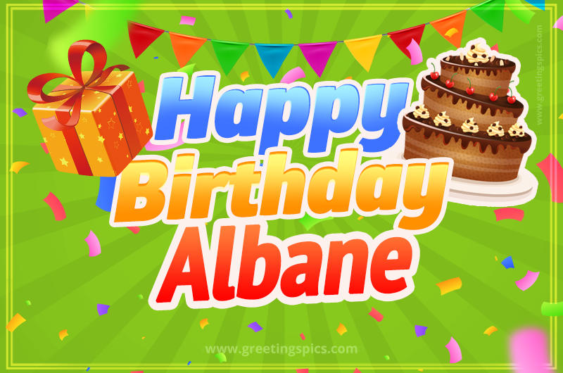 Happy Birthday Albane picture with flags, chocolate cake and gift box