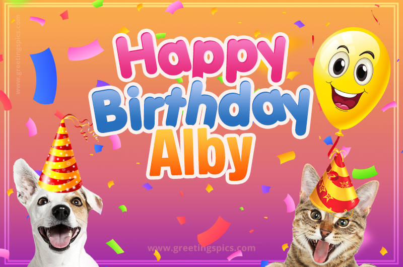 Happy Birthday Alby Funny Image with cat and dog