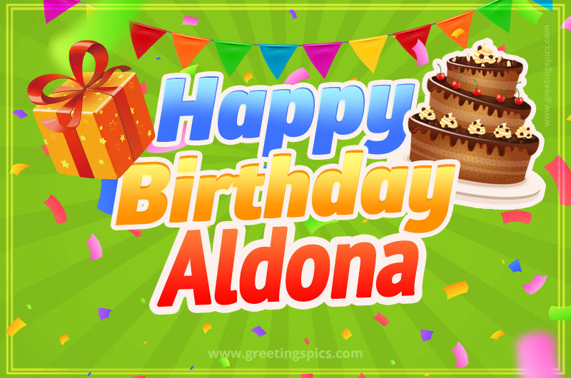 Happy Birthday Aldona picture with flags, chocolate cake and gift box