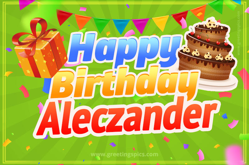 Happy Birthday Aleczander picture with flags, chocolate cake and gift box