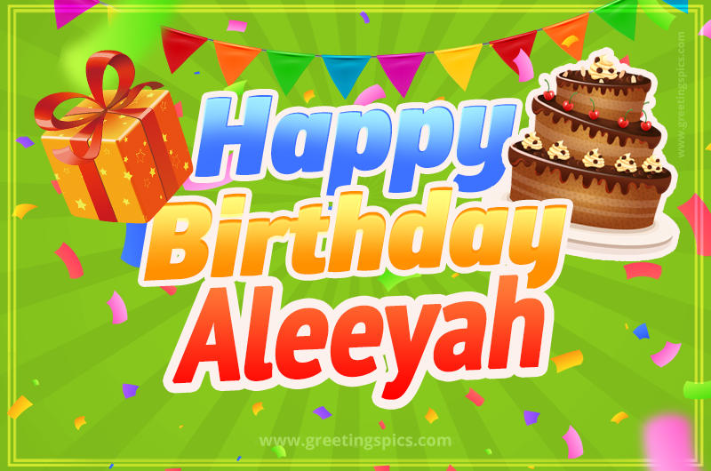 Happy Birthday Aleeyah picture with flags, chocolate cake and gift box