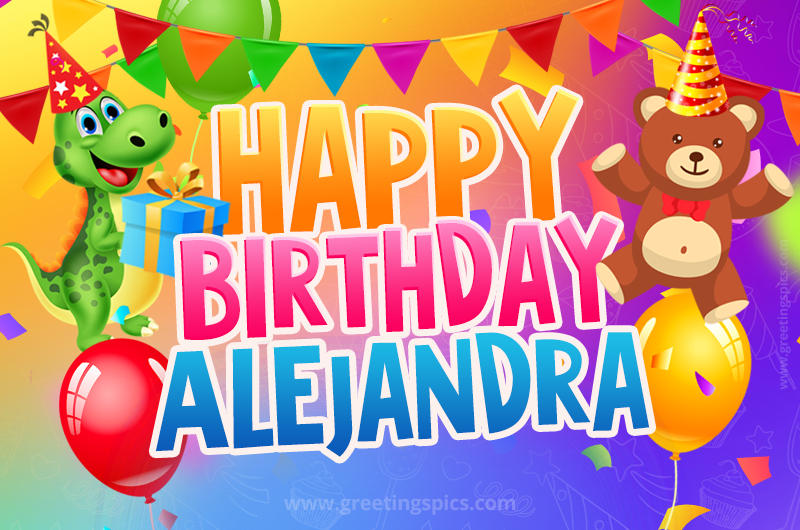 Happy Birthday Alejandra Image for a child with cute dinosaur and bear