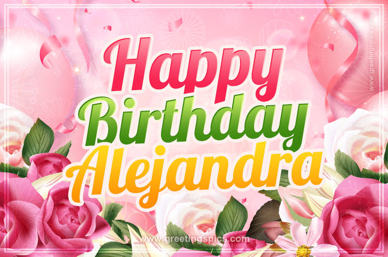 Image with gentle pink background and flowers Happy Birthday Alejandra