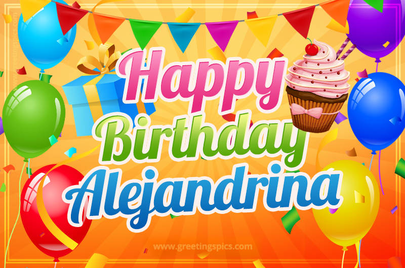 Happy Birthday Alejandrina eCard with gift box and cupcake