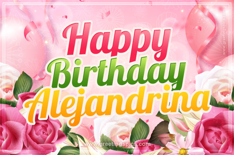 Image with gentle pink background and flowers Happy Birthday Alejandrina