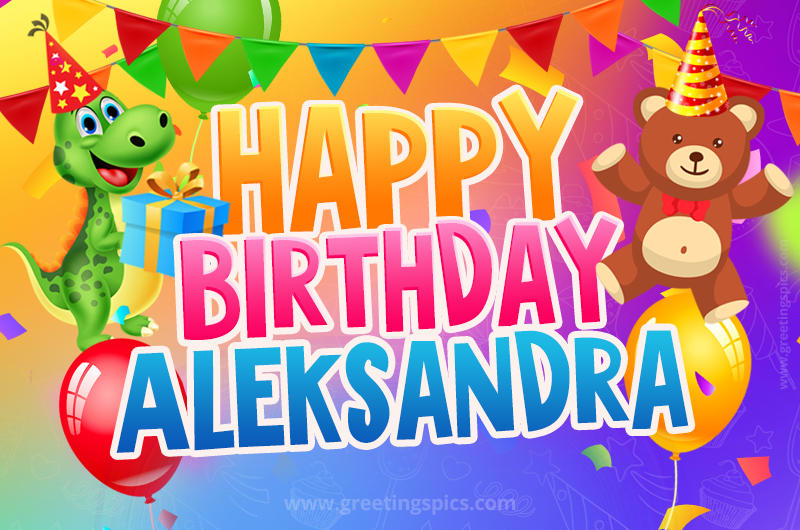 Happy Birthday Aleksandra Image for a child with cute dinosaur and bear