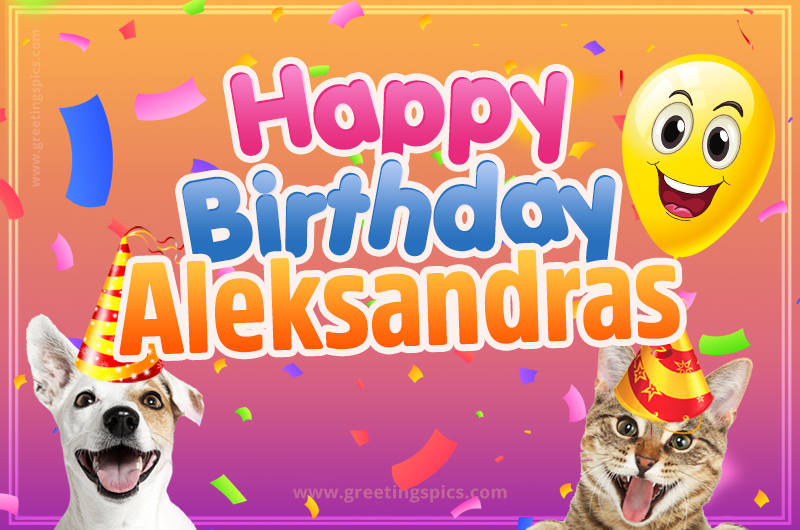 Happy Birthday Aleksandras Funny Image with cat and dog