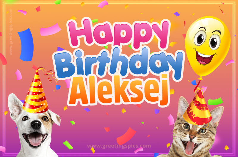 Happy Birthday Aleksej Funny Image with cat and dog