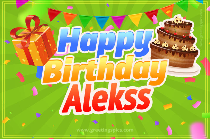 Happy Birthday Alekss picture with flags, chocolate cake and gift box