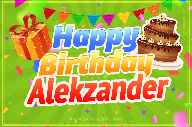 Happy Birthday Alekzander picture with flags, chocolate cake and gift box