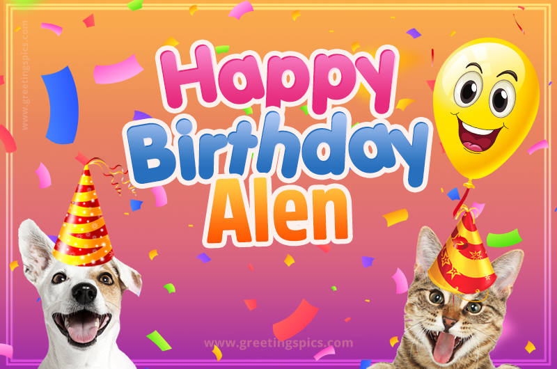 Happy Birthday Alen Funny Image with cat and dog