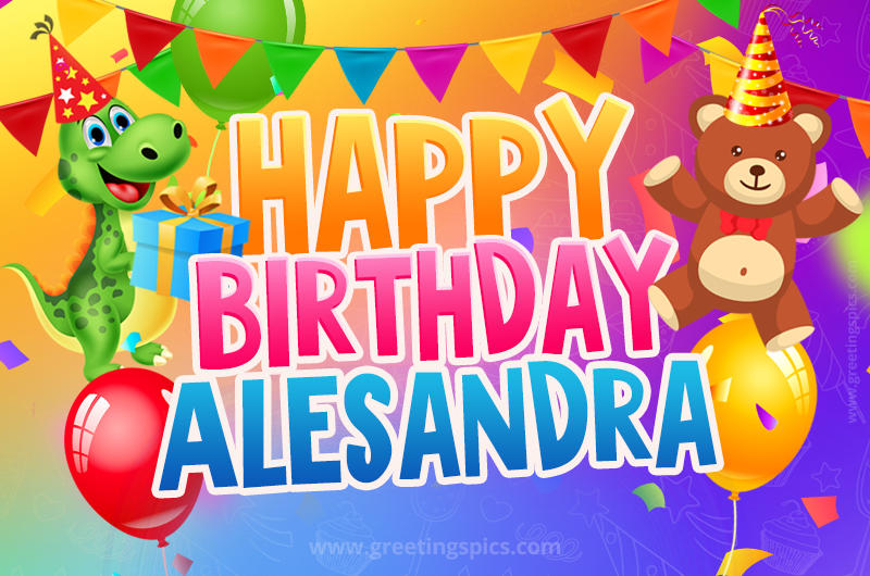 Happy Birthday Alesandra Image for a child with cute dinosaur and bear