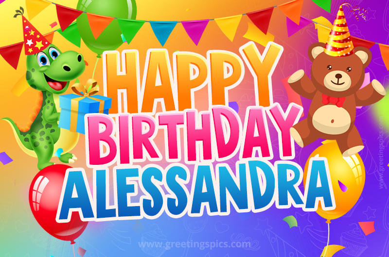 Happy Birthday Alessandra Image for a child with cute dinosaur and bear