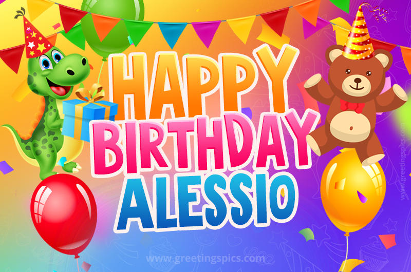 Happy Birthday Alessio Image for a child with cute baby dinosaur and bear