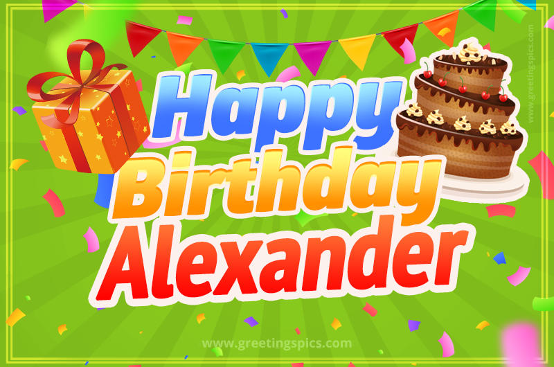 Happy Birthday Alexander picture with flags, chocolate cake and gift box