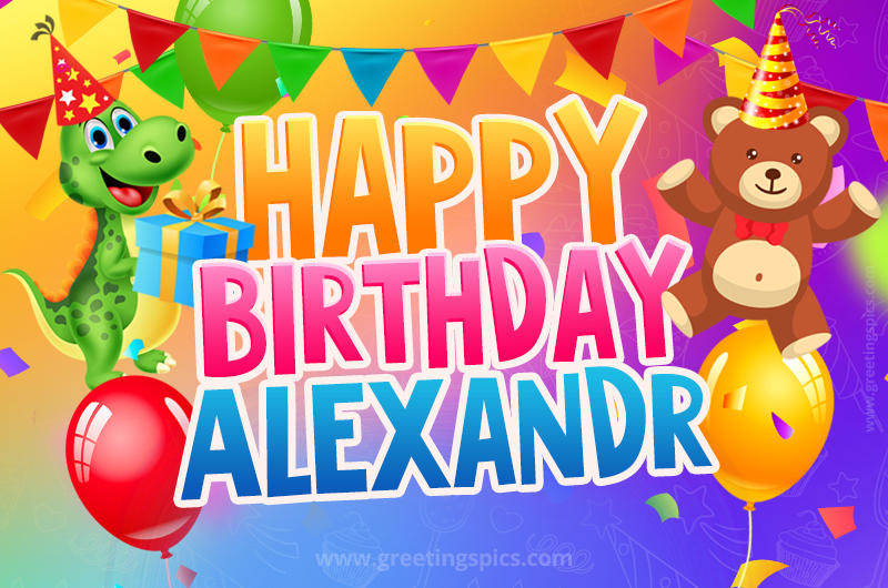 Happy Birthday Alexandr Image for a child with cute baby dinosaur and bear