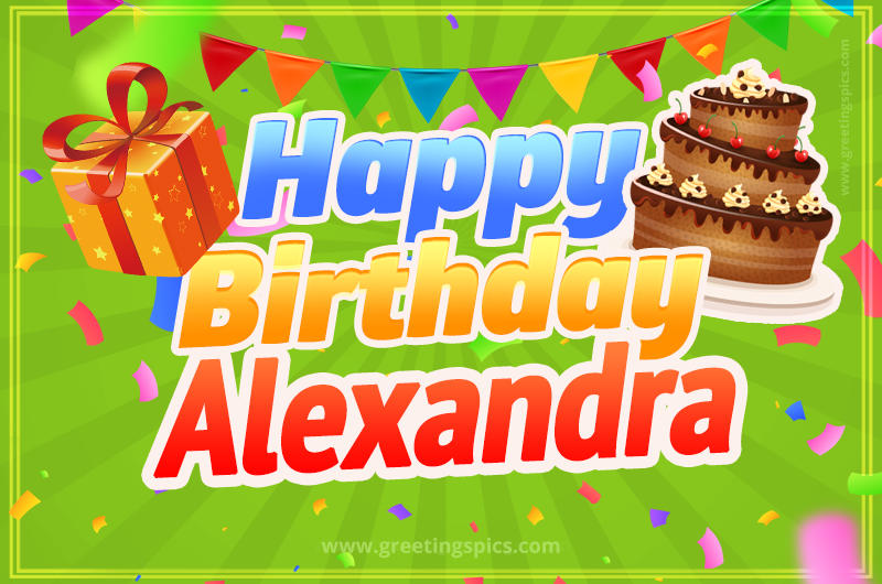 Happy Birthday Alexandra picture with flags, chocolate cake and gift box