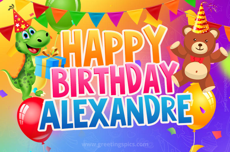 Happy Birthday Alexandre Image for a child with cute baby dinosaur and bear