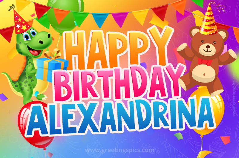 Happy Birthday Alexandrina Image for a child with cute dinosaur and bear