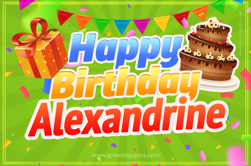 Happy Birthday Alexandrine picture with flags, chocolate cake and gift box