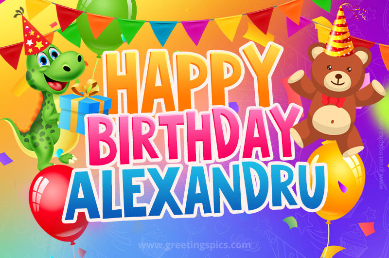 Happy Birthday Alexandru Image for a child with cute baby dinosaur and bear