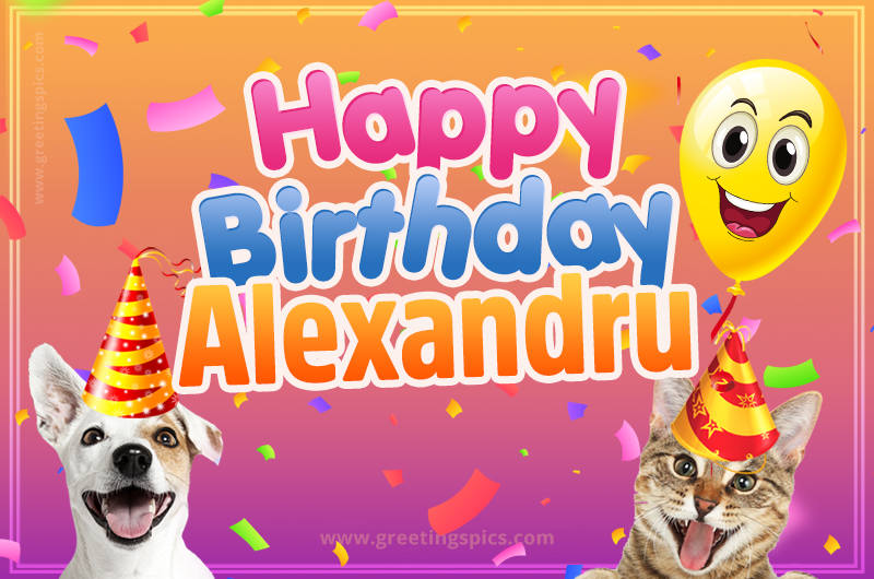 Happy Birthday Alexandru Funny Image with cat and dog