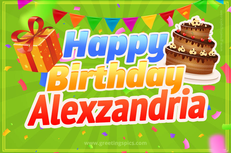 Happy Birthday Alexzandria picture with flags, chocolate cake and gift box