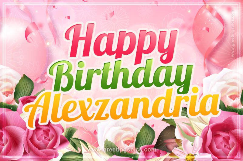 Image with gentle pink background and flowers Happy Birthday Alexzandria