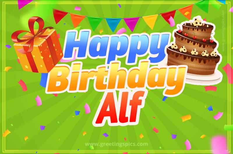 Happy Birthday Alf picture with flags, chocolate cake and gift box