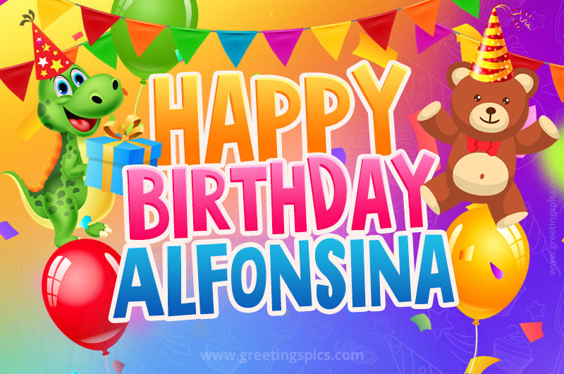 Happy Birthday Alfonsina Image for a child with cute dinosaur and bear