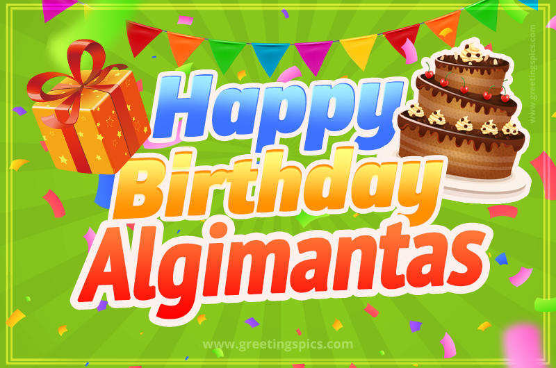 Happy Birthday Algimantas picture with flags, chocolate cake and gift box